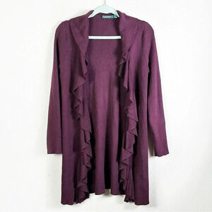 Lauren Ralph Lauren Sweater Ruffle Open Front Cardigan Maroon size M